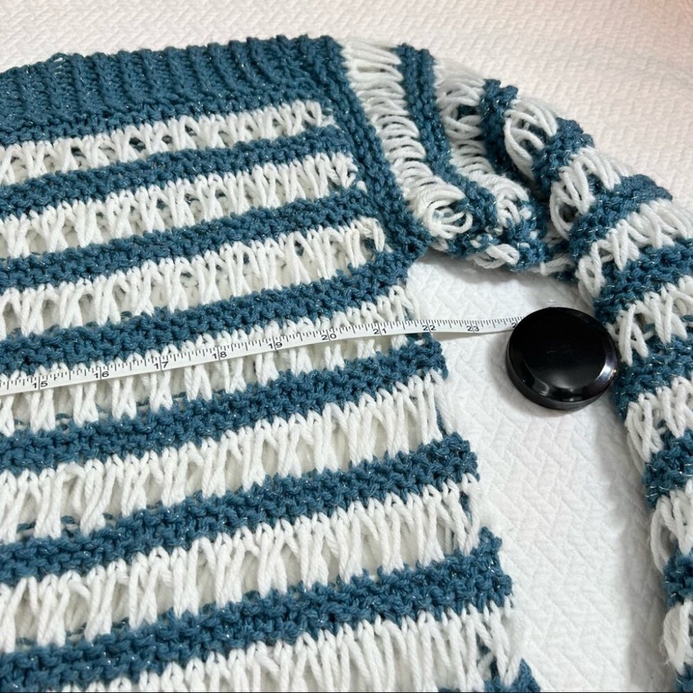 Unique! Vintage Hand Knit Open Weave Sweater White/Teal Size M/L - Picture 8 of 10
